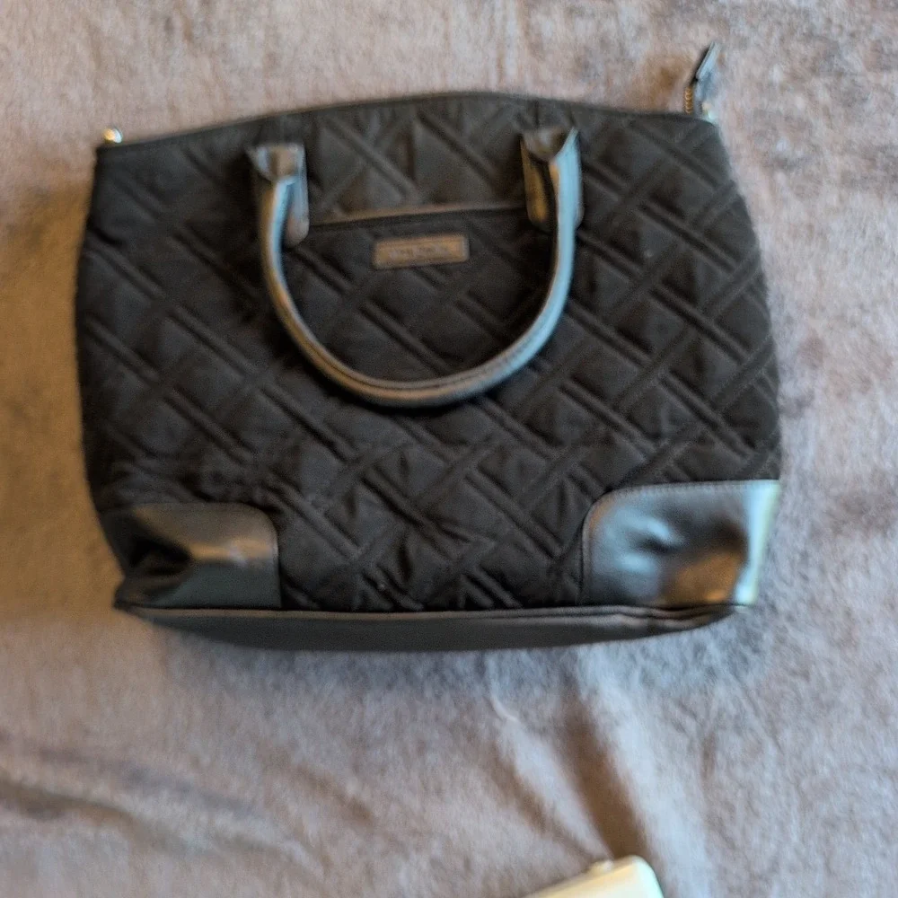 Vera Bradley Black Quilted Microfiber Satchel Handbag with Faux Leather Trim